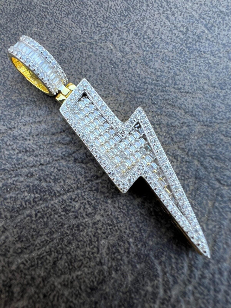 MOISSANITE Lightning Bolt Iced Out Pendant - 14k Gold Vermeil Or 925 Silver - Medium 2"