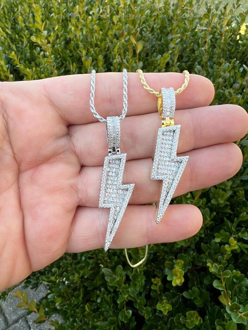 MOISSANITE Lightning Bolt Iced Out Pendant - 14k Gold Vermeil Or 925 Silver - Medium 2"