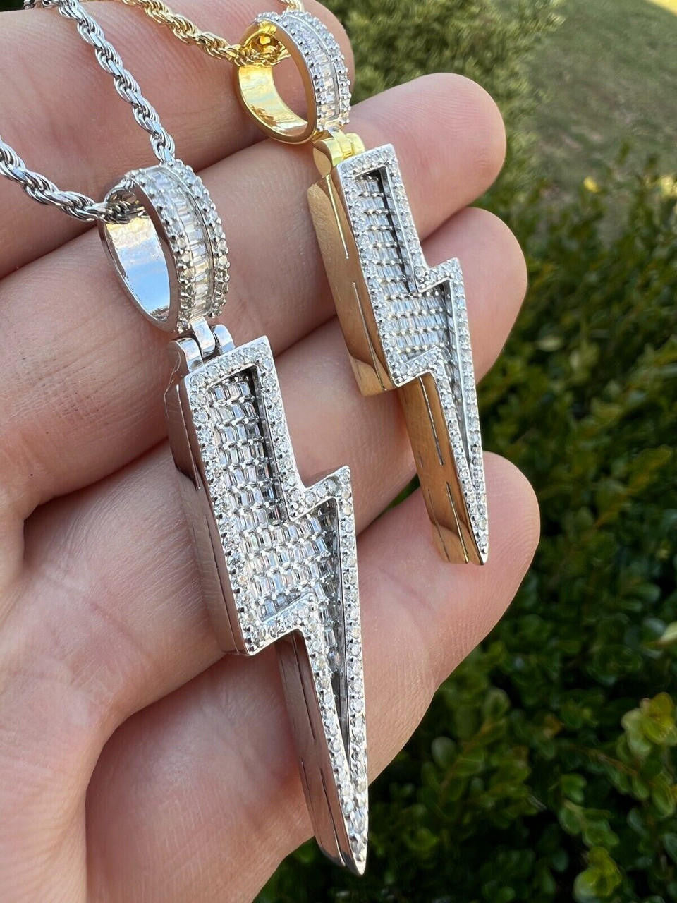 MOISSANITE Lightning Bolt Iced Out Pendant - 14k Gold Vermeil Or 925 Silver - Medium 2"