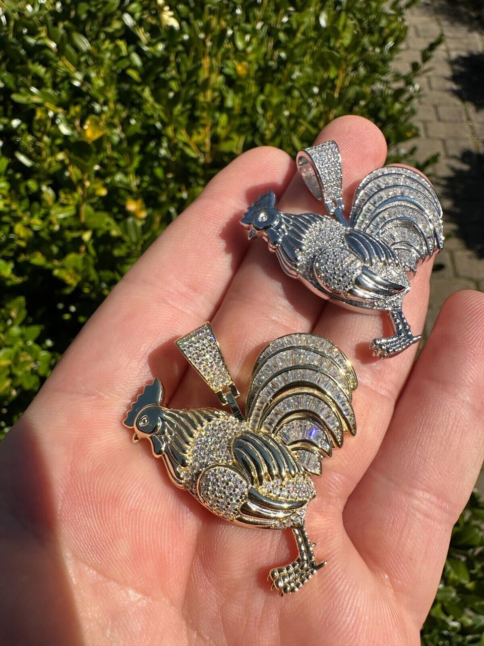 MOISSANITE Rooster Gallo Iced Out Pendant - 14k Gold Vermeil Or 925 Silver - Small 1.5"