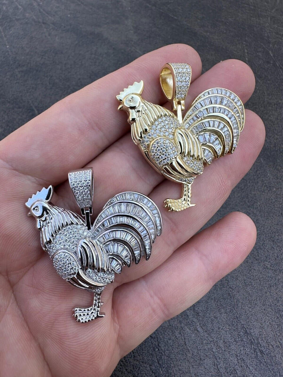 MOISSANITE Rooster Gallo Iced Out Pendant - 14k Gold Vermeil Or 925 Silver - Small 1.5"