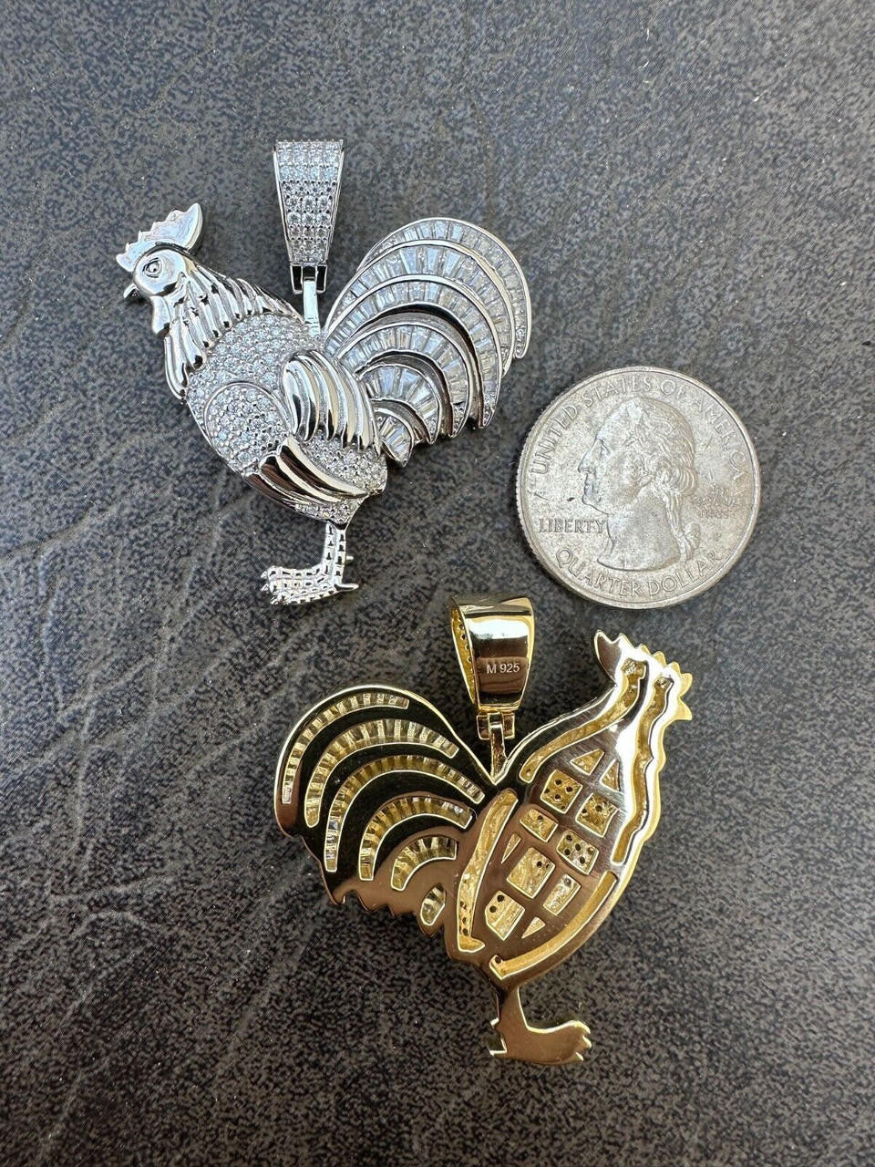 MOISSANITE Rooster Gallo Iced Out Pendant - 14k Gold Vermeil Or 925 Silver - Small 1.5"