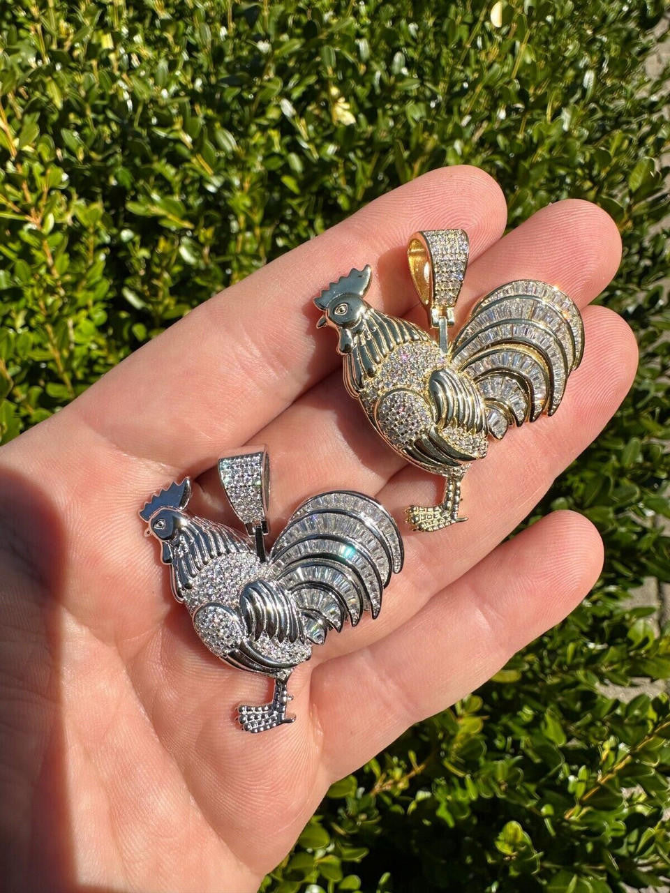 MOISSANITE Rooster Gallo Iced Out Pendant - 14k Gold Vermeil Or 925 Silver - Small 1.5"