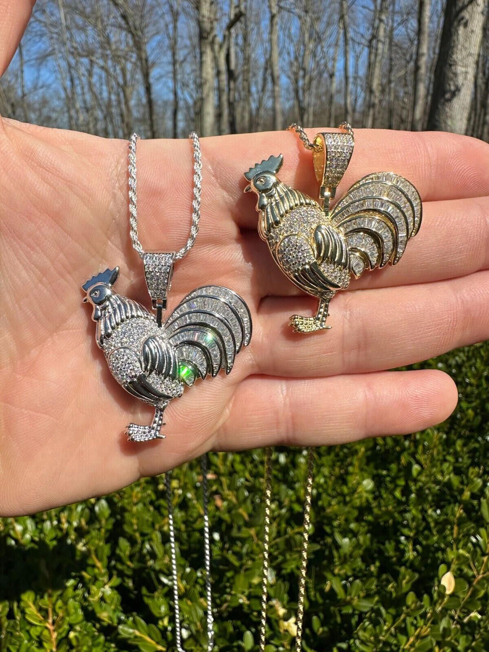 MOISSANITE Rooster Gallo Iced Out Pendant - 14k Gold Vermeil Or 925 Silver - Small 1.5"
