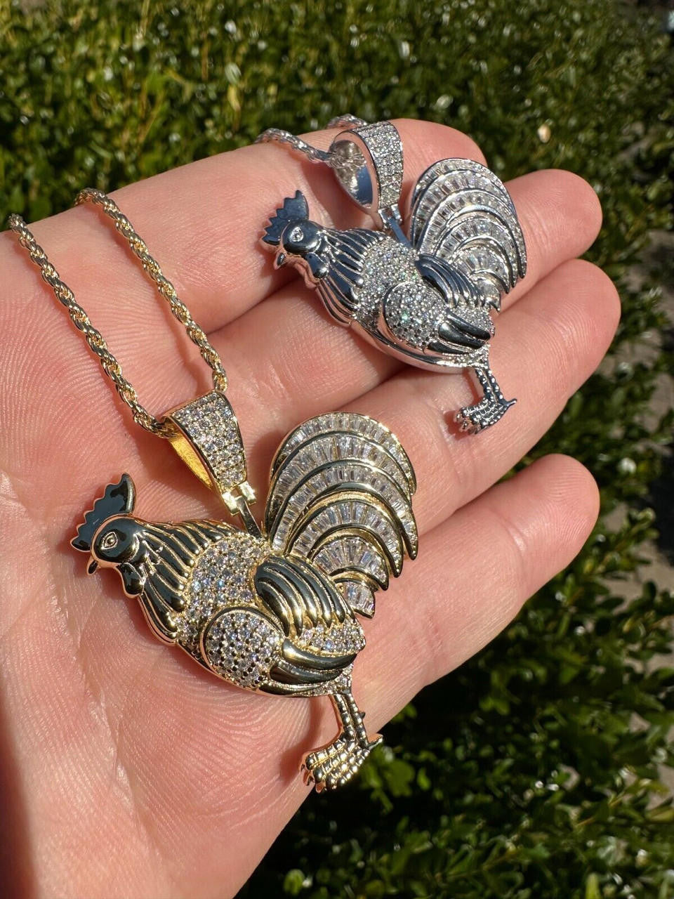 MOISSANITE Rooster Gallo Iced Out Pendant - 14k Gold Vermeil Or 925 Silver - Small 1.5"