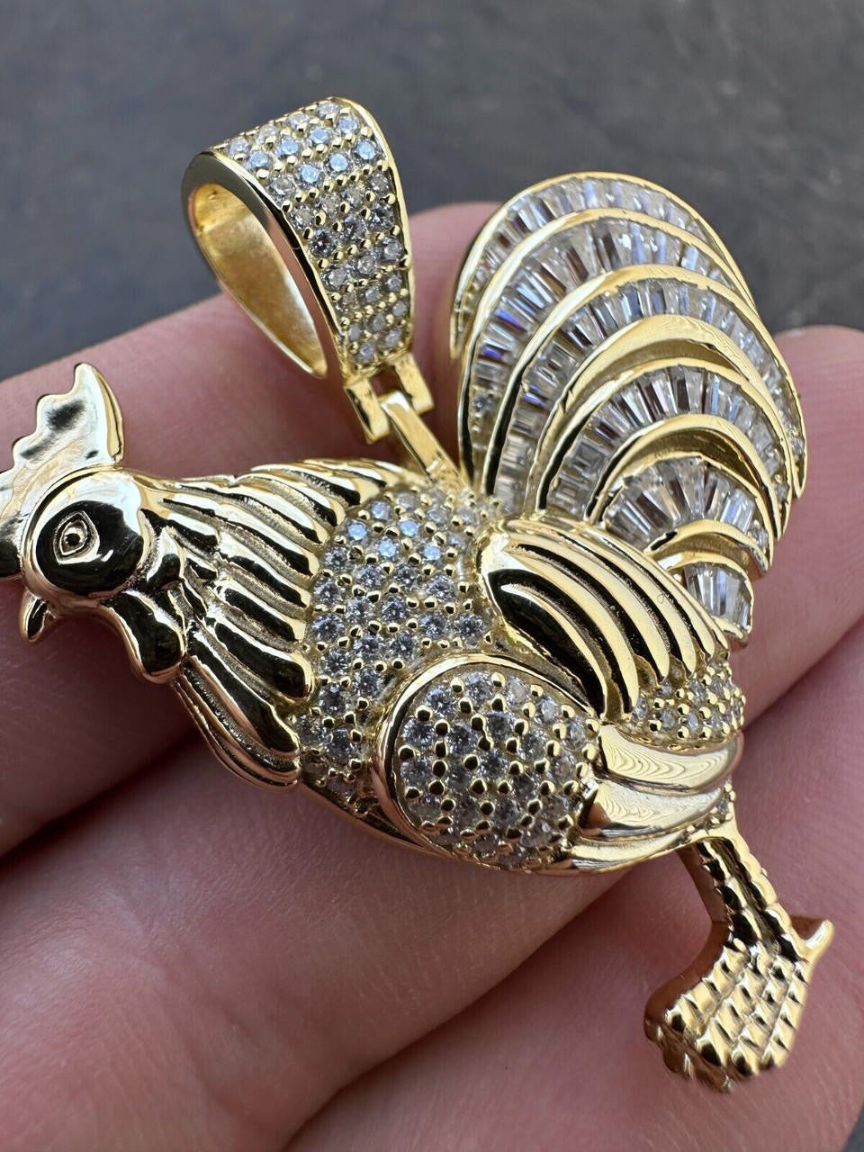 MOISSANITE Rooster Gallo Iced Out Pendant - 14k Gold Vermeil Or 925 Silver - Small 1.5"
