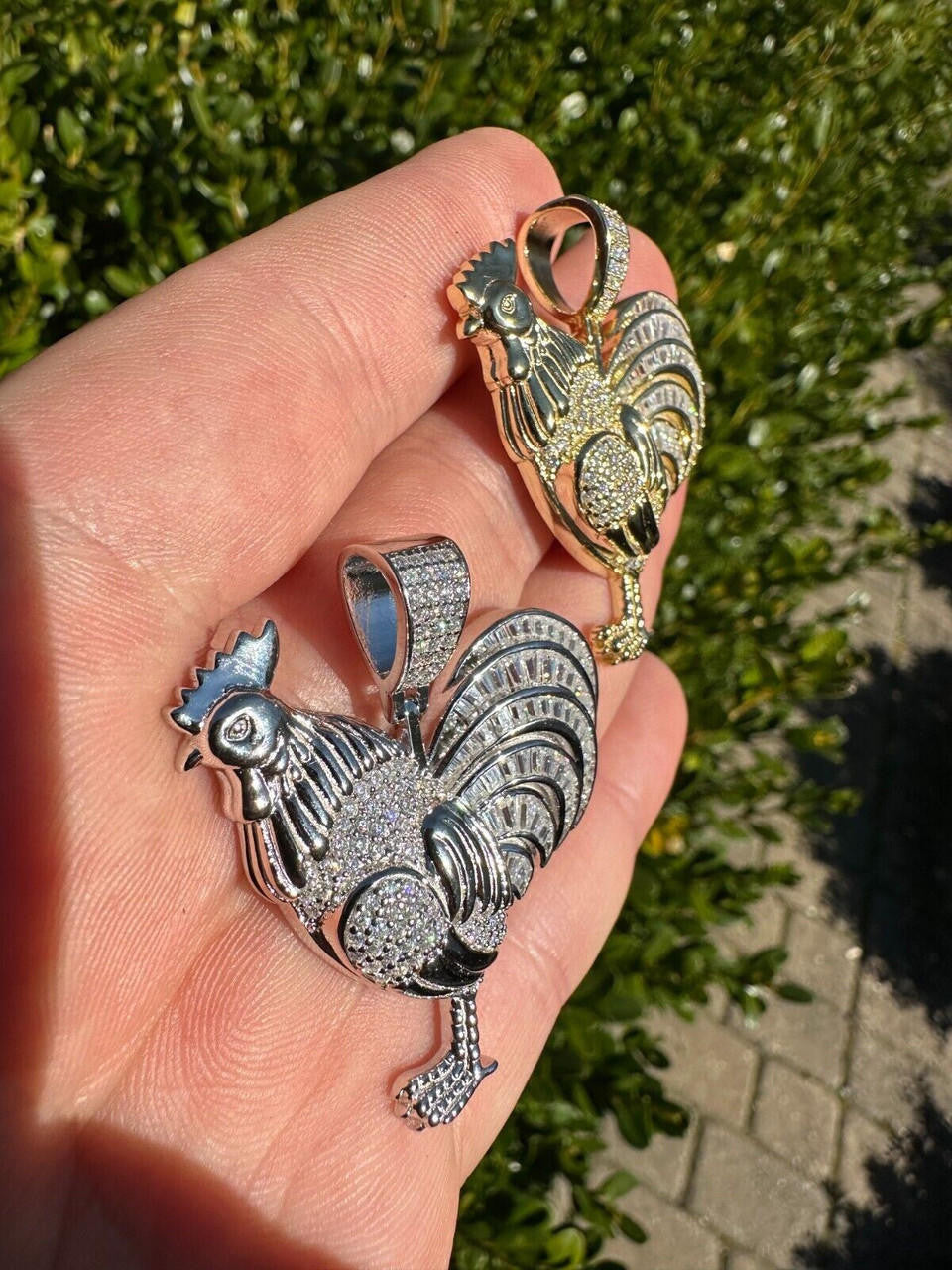 MOISSANITE Rooster Gallo Iced Out Pendant - 14k Gold Vermeil Or 925 Silver - Small 1.5"