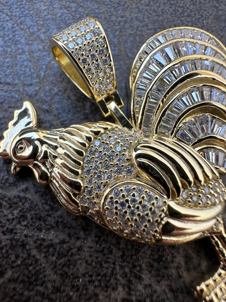MOISSANITE Rooster Gallo Iced Out Pendant - 14k Gold Vermeil Or 925 Silver - Small 1.5"