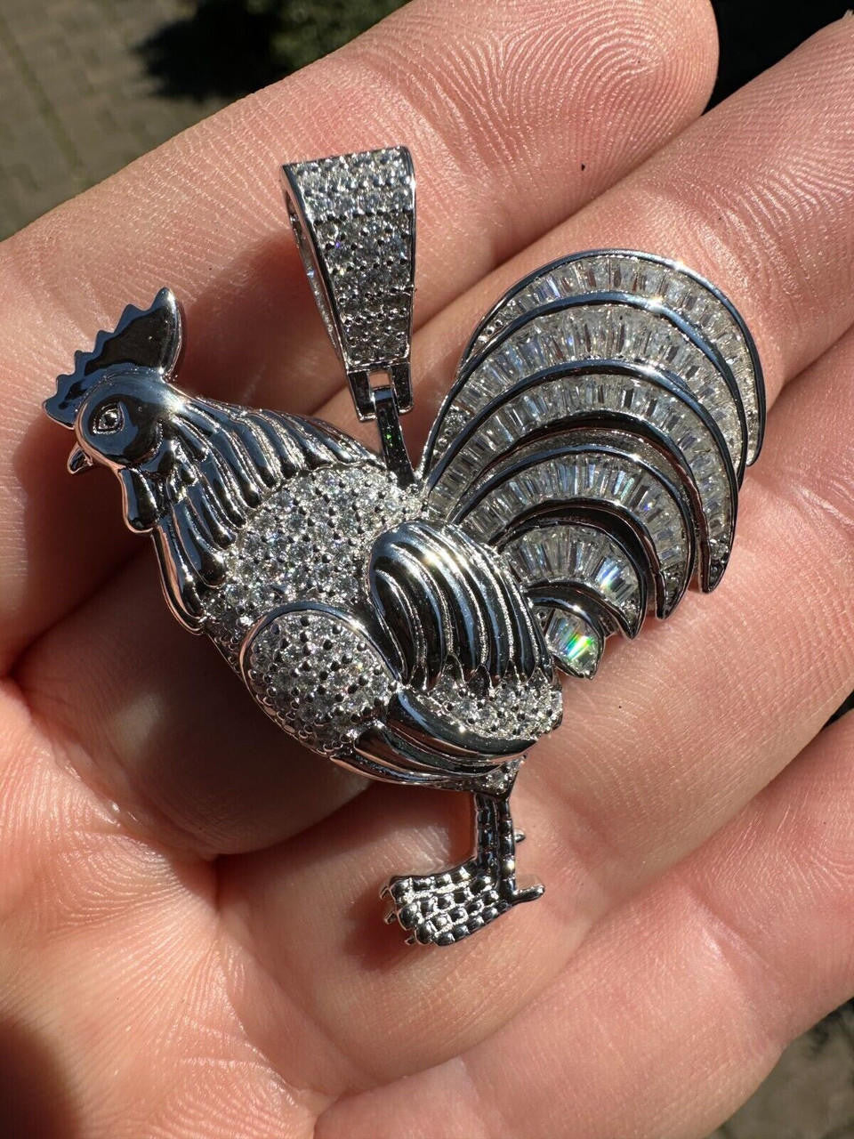 MOISSANITE Rooster Gallo Iced Out Pendant - 14k Gold Vermeil Or 925 Silver - Small 1.5"