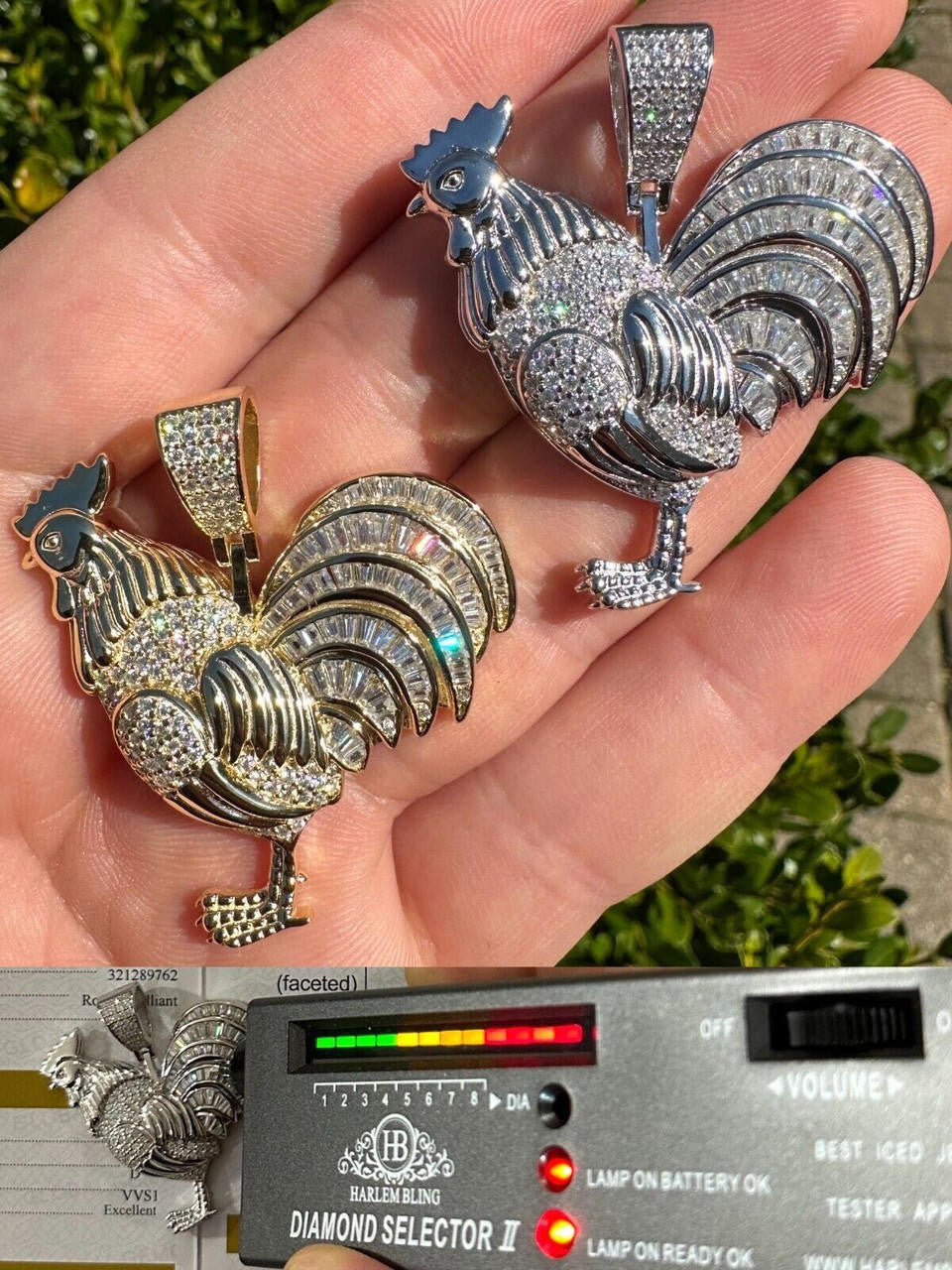 MOISSANITE Rooster Gallo Iced Out Pendant - 14k Gold Vermeil Or 925 Silver - Small 1.5"