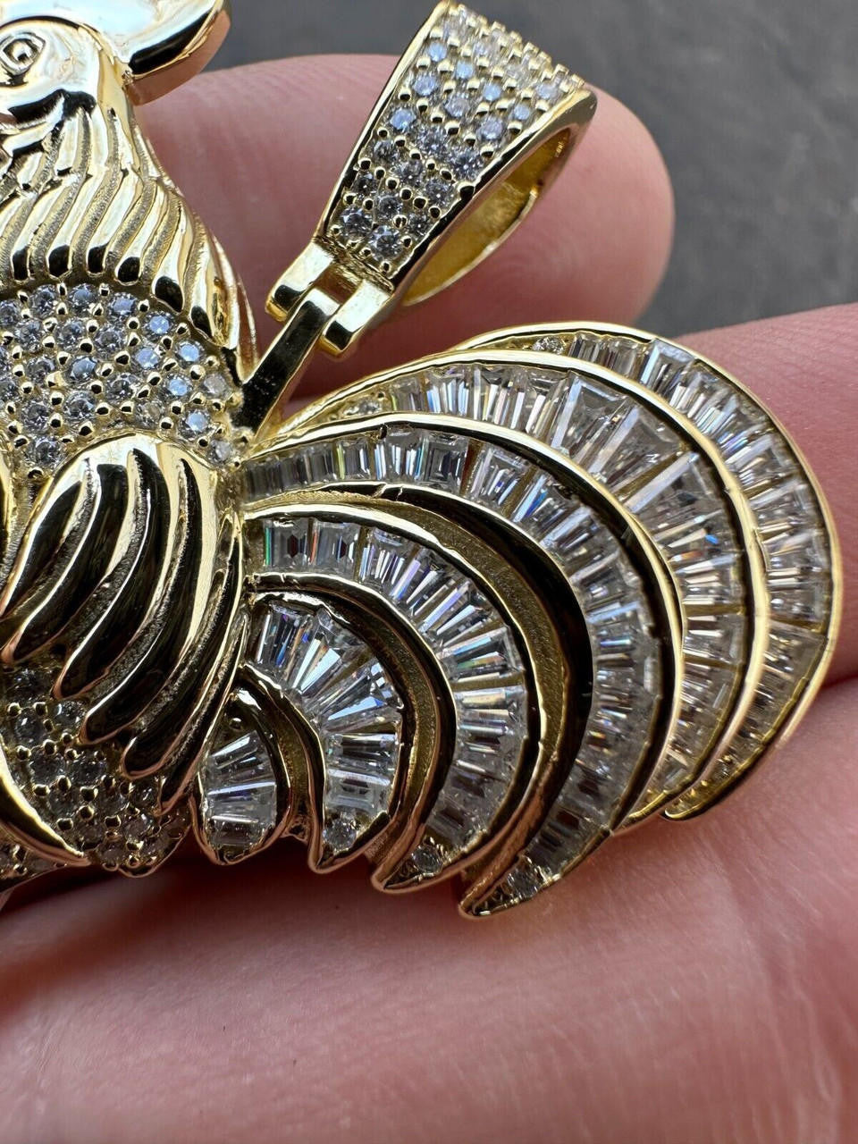 MOISSANITE Rooster Gallo Iced Out Pendant - 14k Gold Vermeil Or 925 Silver - Small 1.5"
