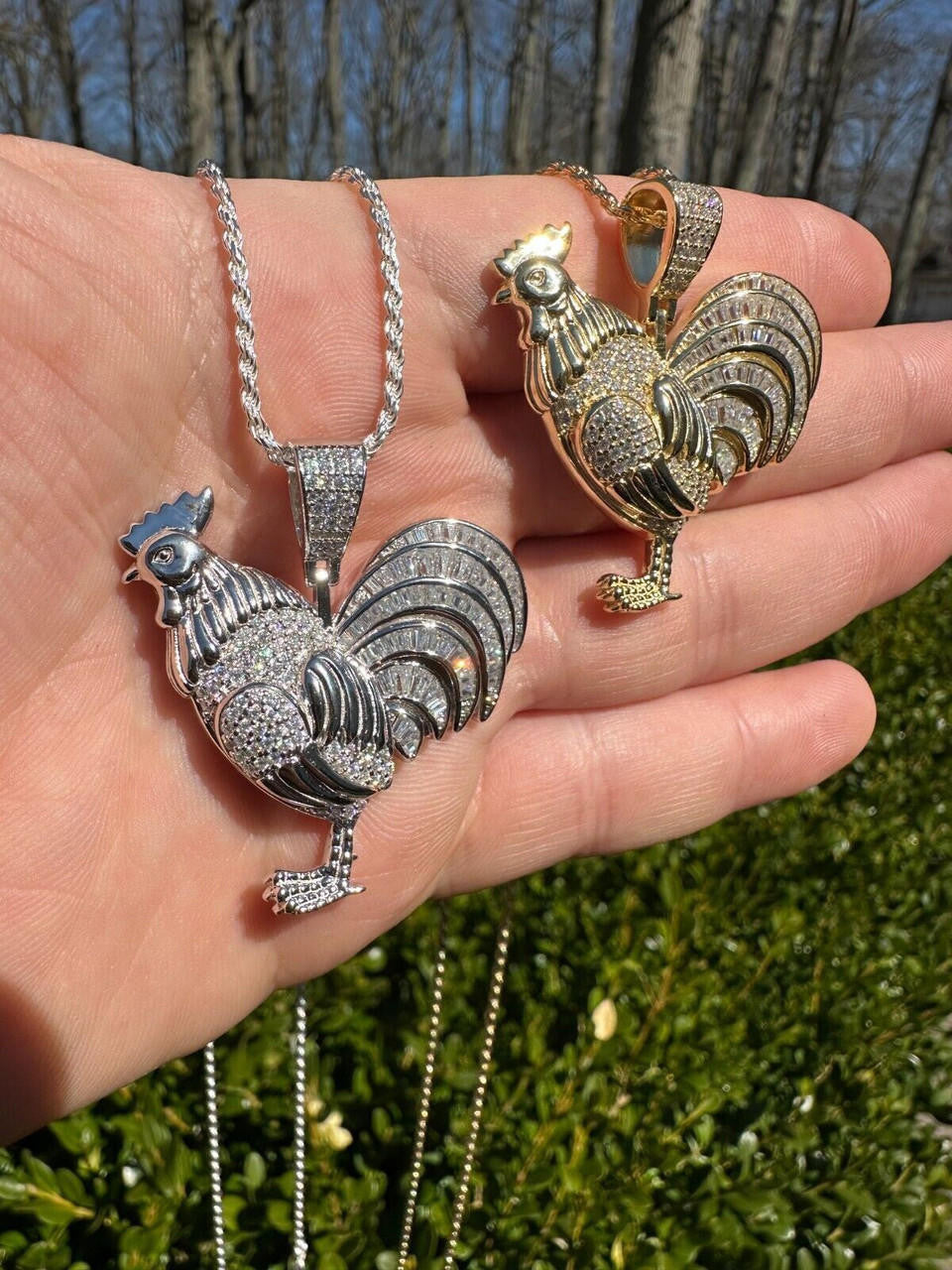 MOISSANITE Rooster Gallo Iced Out Pendant - 14k Gold Vermeil Or 925 Silver - Small 1.5"