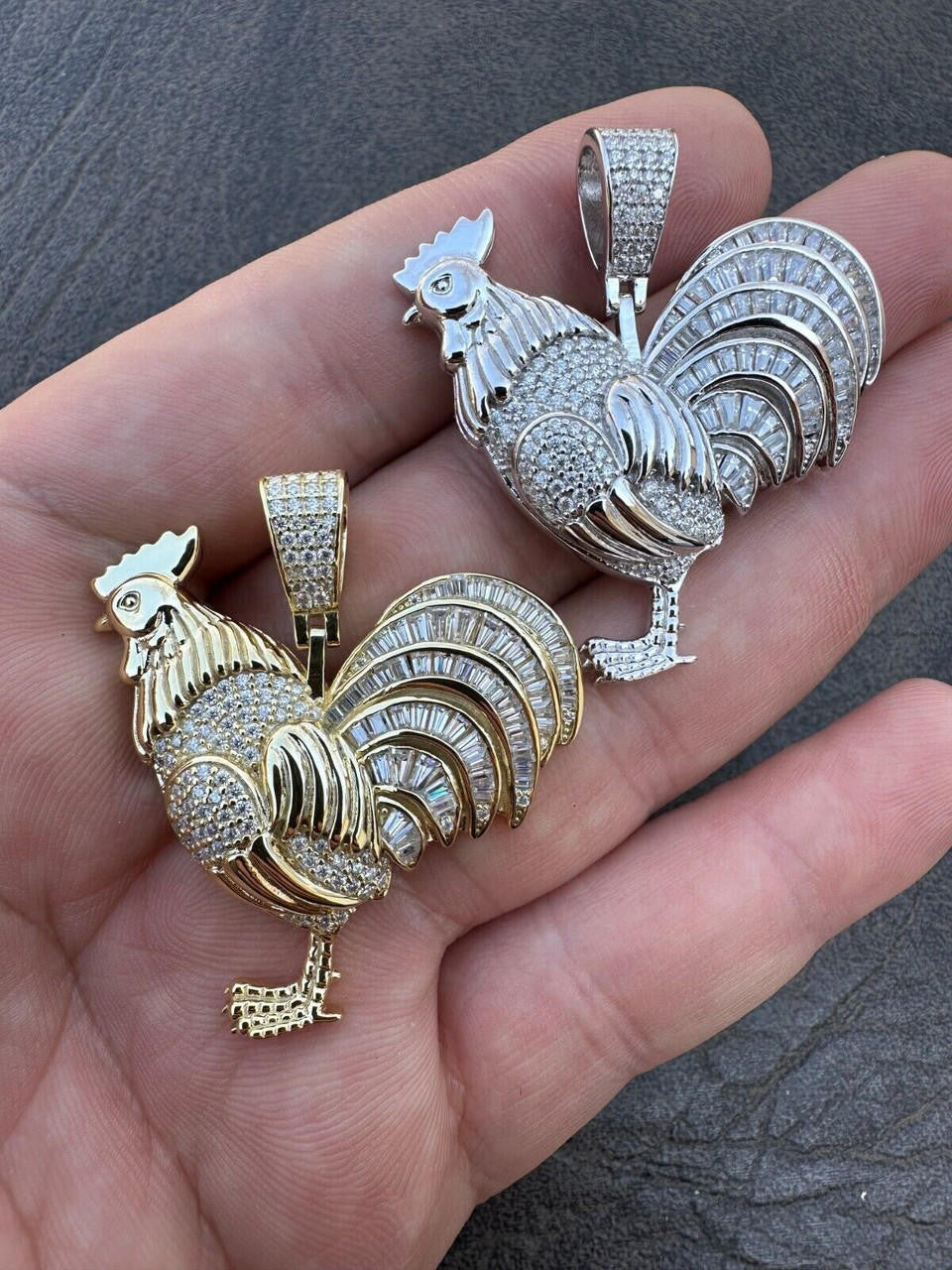 MOISSANITE Rooster Gallo Iced Out Pendant - 14k Gold Vermeil Or 925 Silver - Small 1.5"