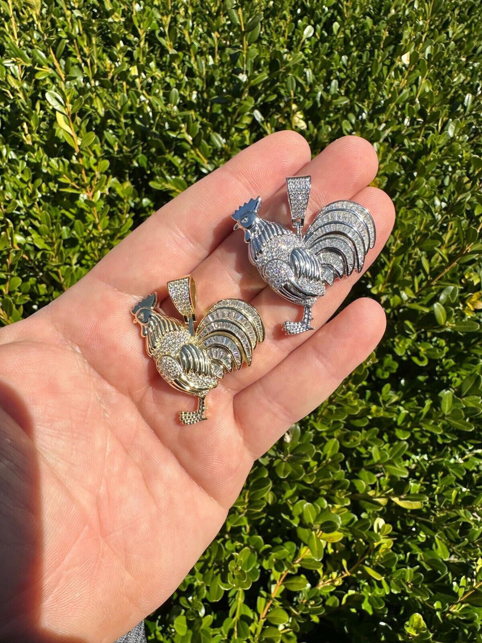 MOISSANITE Rooster Gallo Iced Out Pendant - 14k Gold Vermeil Or 925 Silver - Small 1.5"