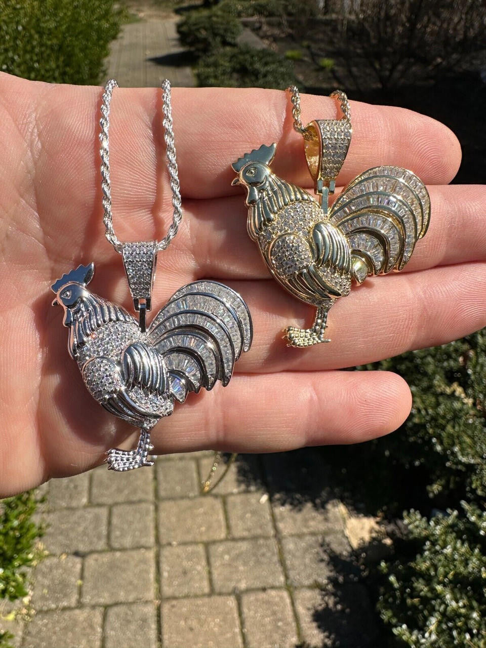 MOISSANITE Rooster Gallo Iced Out Pendant - 14k Gold Vermeil Or 925 Silver - Small 1.5"