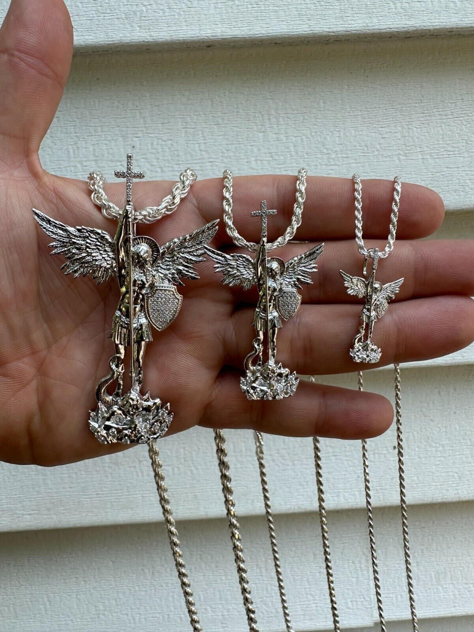 MOISSANITE Saint St Michael Slaying Dragon Archangel Pendant - 925 Silver - 3 Sizes 1"-3"