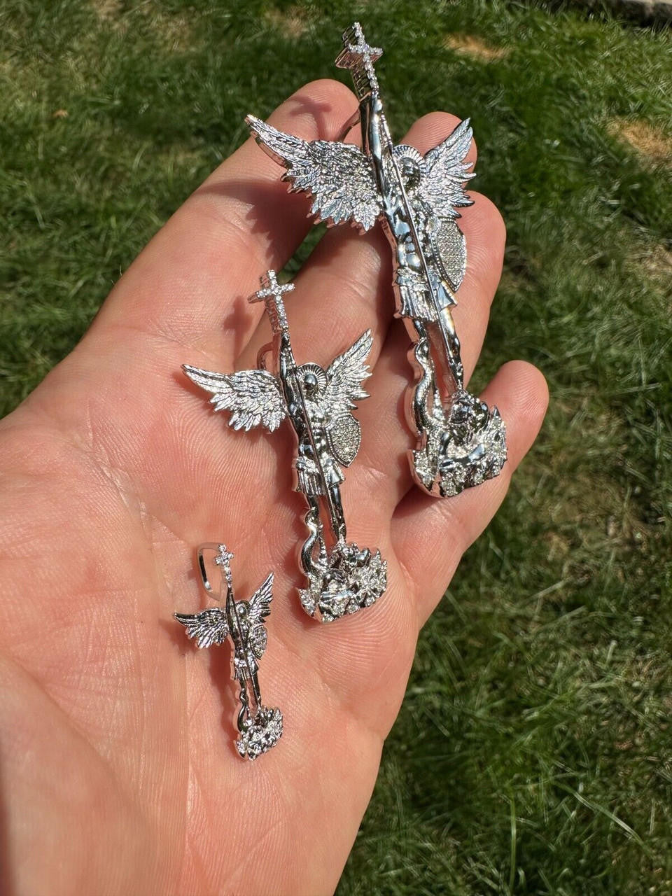 MOISSANITE Saint St Michael Slaying Dragon Archangel Pendant - 925 Silver - 3 Sizes 1"-3"
