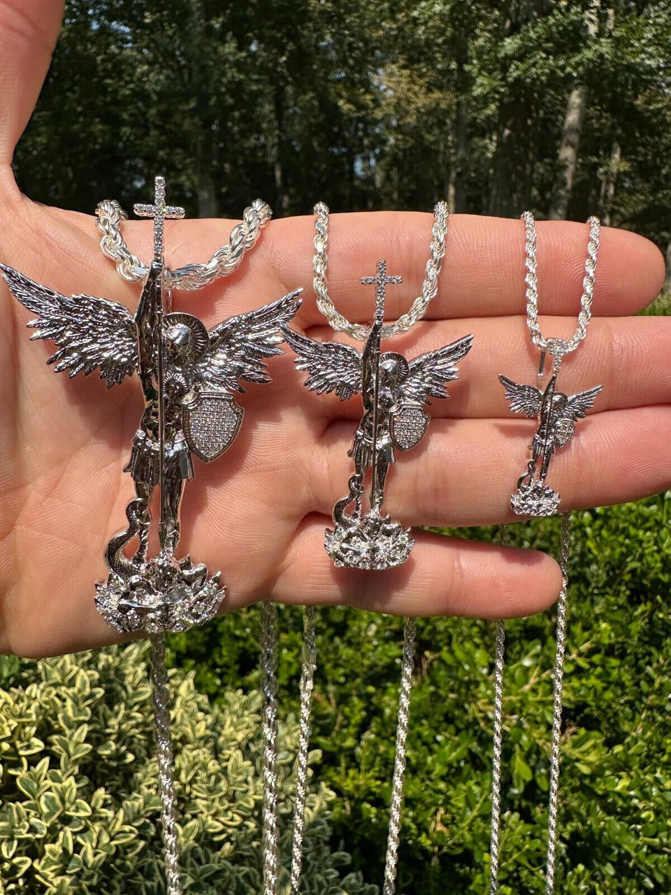 MOISSANITE Saint St Michael Slaying Dragon Archangel Pendant - 925 Silver - 3 Sizes 1"-3"