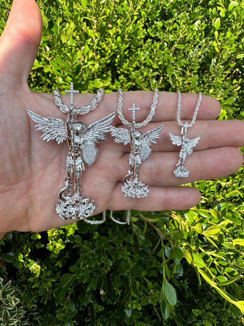 MOISSANITE Saint St Michael Slaying Dragon Archangel Pendant - 925 Silver - 3 Sizes 1"-3"