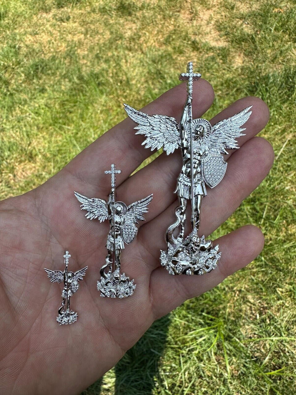 MOISSANITE Saint St Michael Slaying Dragon Archangel Pendant - 925 Silver - 3 Sizes 1"-3"