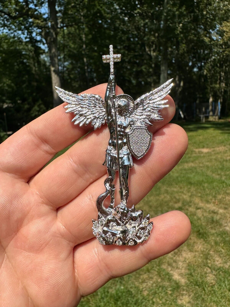 MOISSANITE Saint St Michael Slaying Dragon Archangel Pendant - 925 Silver - 3 Sizes 1"-3"