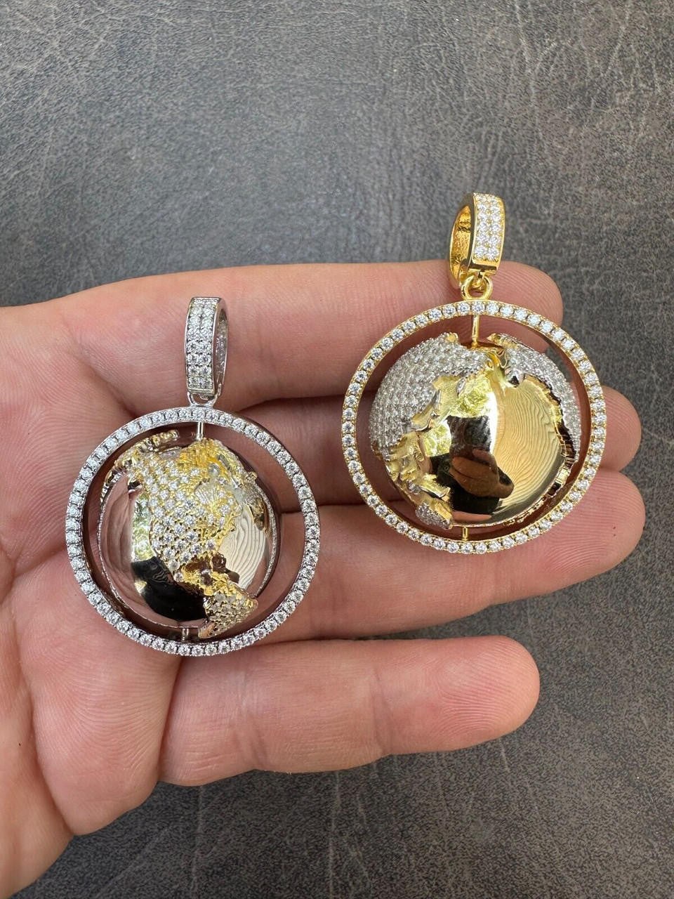 MOISSANITE 3D Spinning Globe Hip Hop Pendant - 14k Yellow Gold Vermeil Or 925 Silver - Large 2"