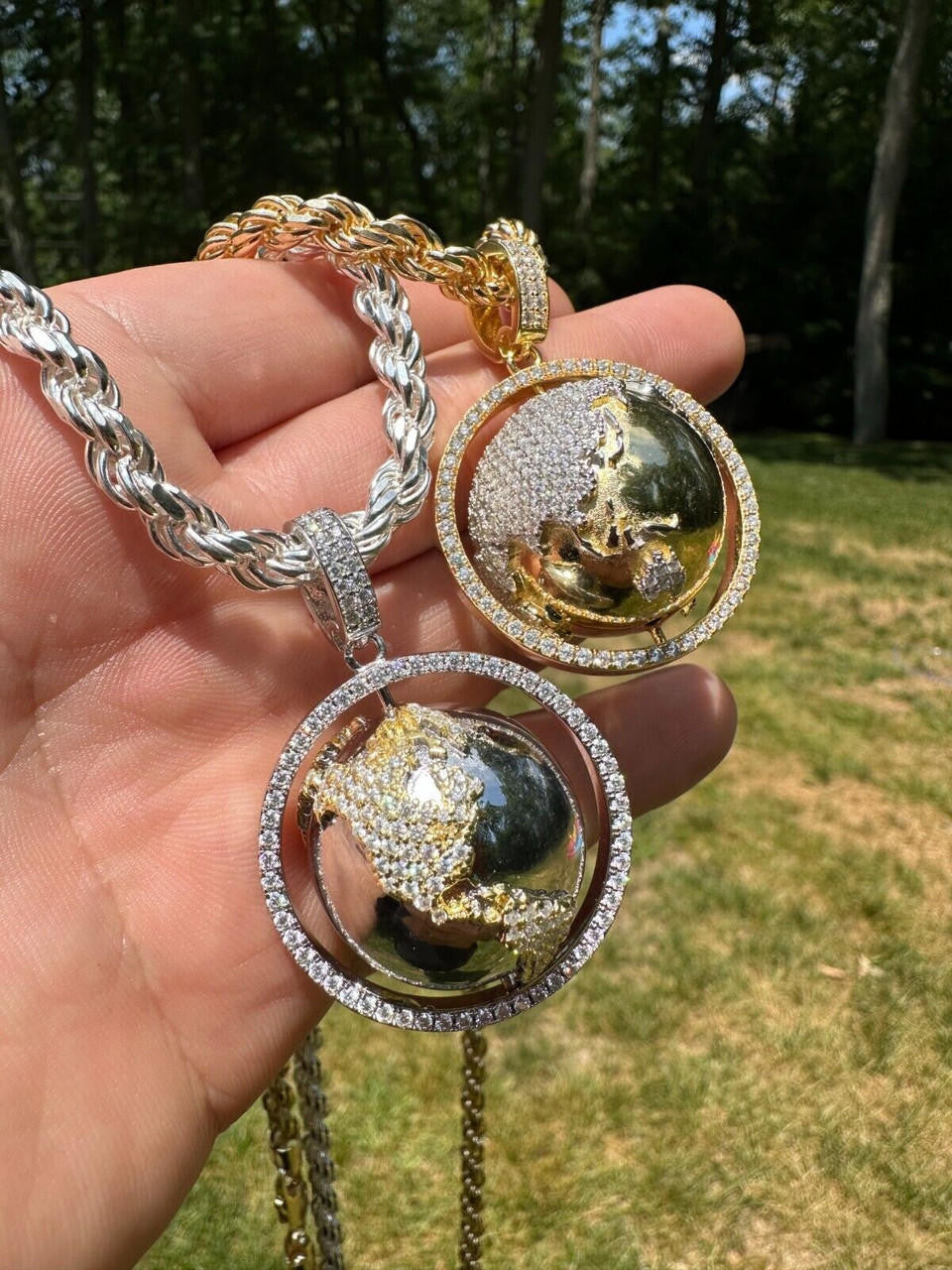 MOISSANITE 3D Spinning Globe Hip Hop Pendant - 14k Yellow Gold Vermeil Or 925 Silver - Large 2"
