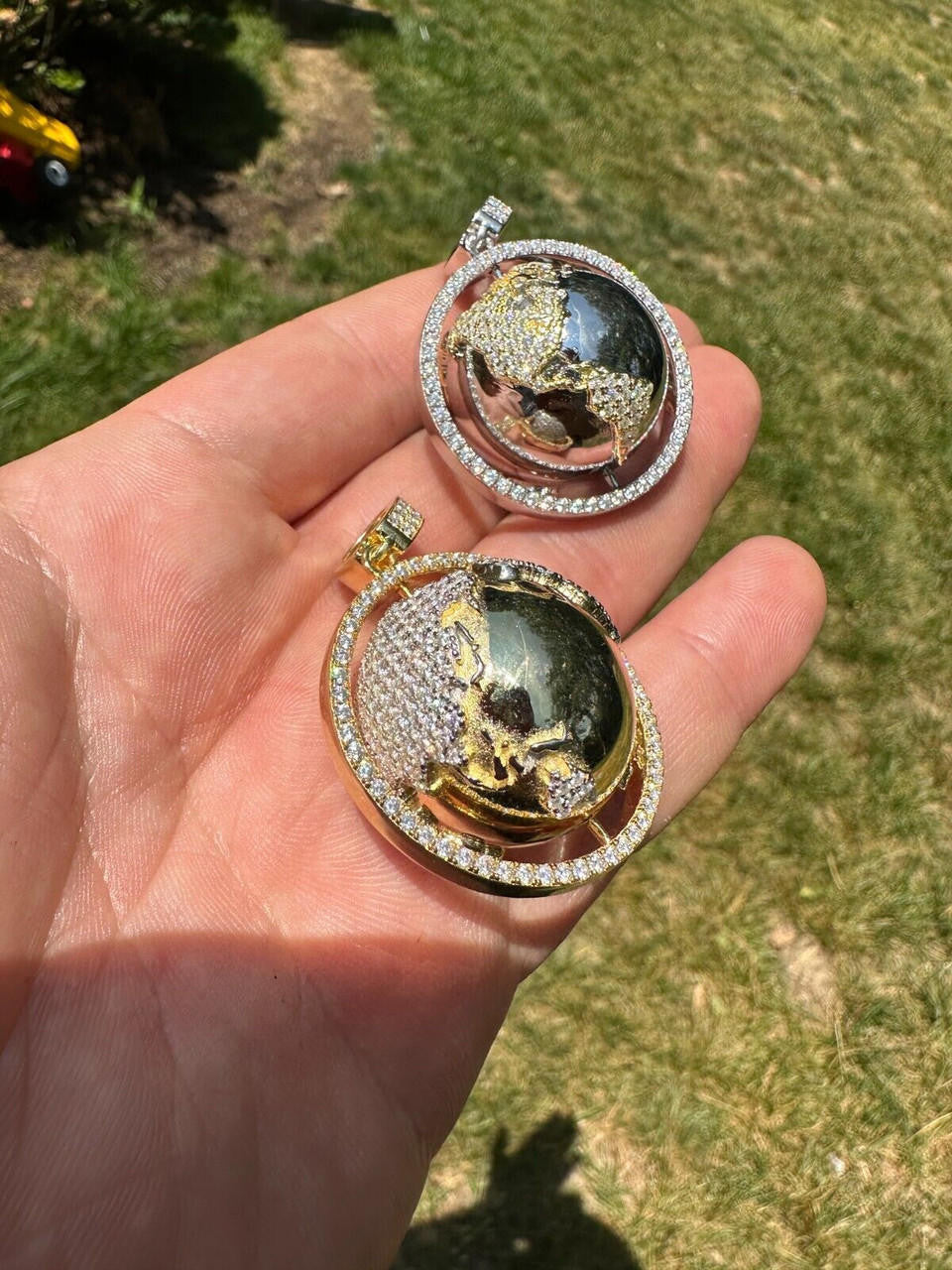 MOISSANITE 3D Spinning Globe Hip Hop Pendant - 14k Yellow Gold Vermeil Or 925 Silver - Large 2"