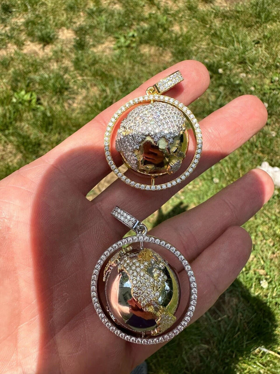 MOISSANITE 3D Spinning Globe Hip Hop Pendant - 14k Yellow Gold Vermeil Or 925 Silver - Large 2"