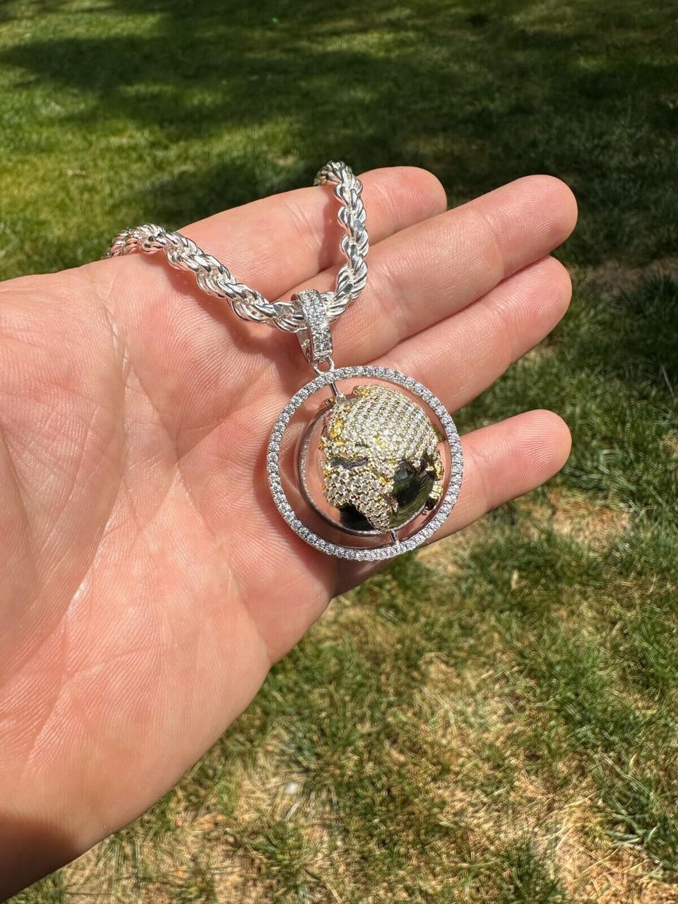 MOISSANITE 3D Spinning Globe Hip Hop Pendant - 14k Yellow Gold Vermeil Or 925 Silver - Large 2"