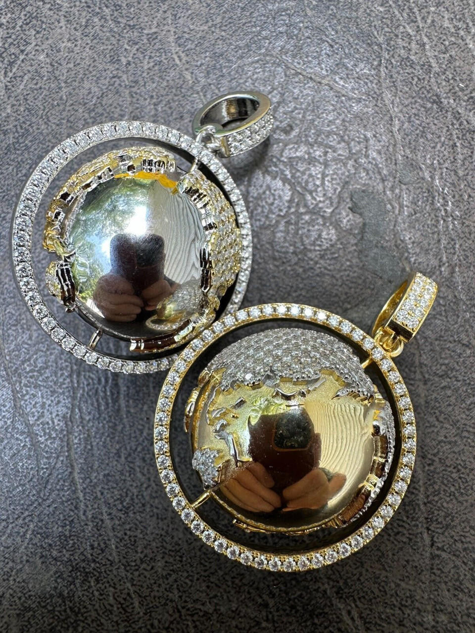 MOISSANITE 3D Spinning Globe Hip Hop Pendant - 14k Yellow Gold Vermeil Or 925 Silver - Large 2"