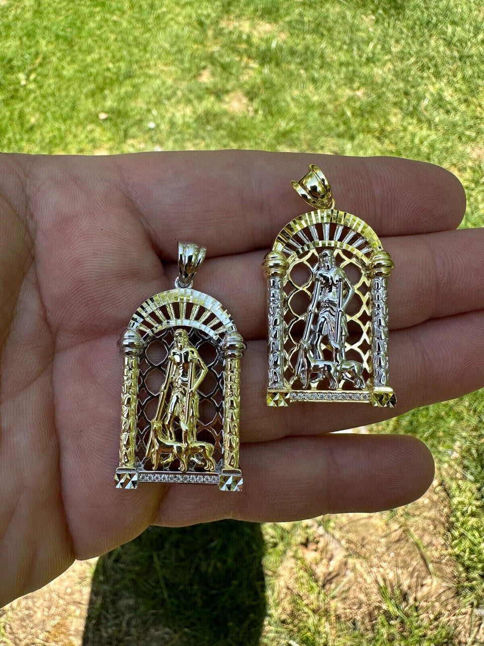 MOISSANITE St Lazarus Pendant - 14k Yellow Gold Vermeil Or 925 Silver - Small 1.75"