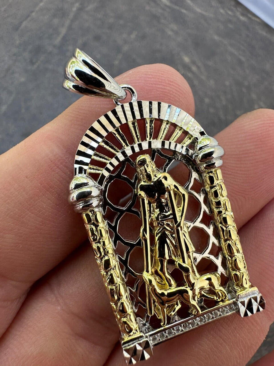 MOISSANITE St Lazarus Pendant - 14k Yellow Gold Vermeil Or 925 Silver - Small 1.75"