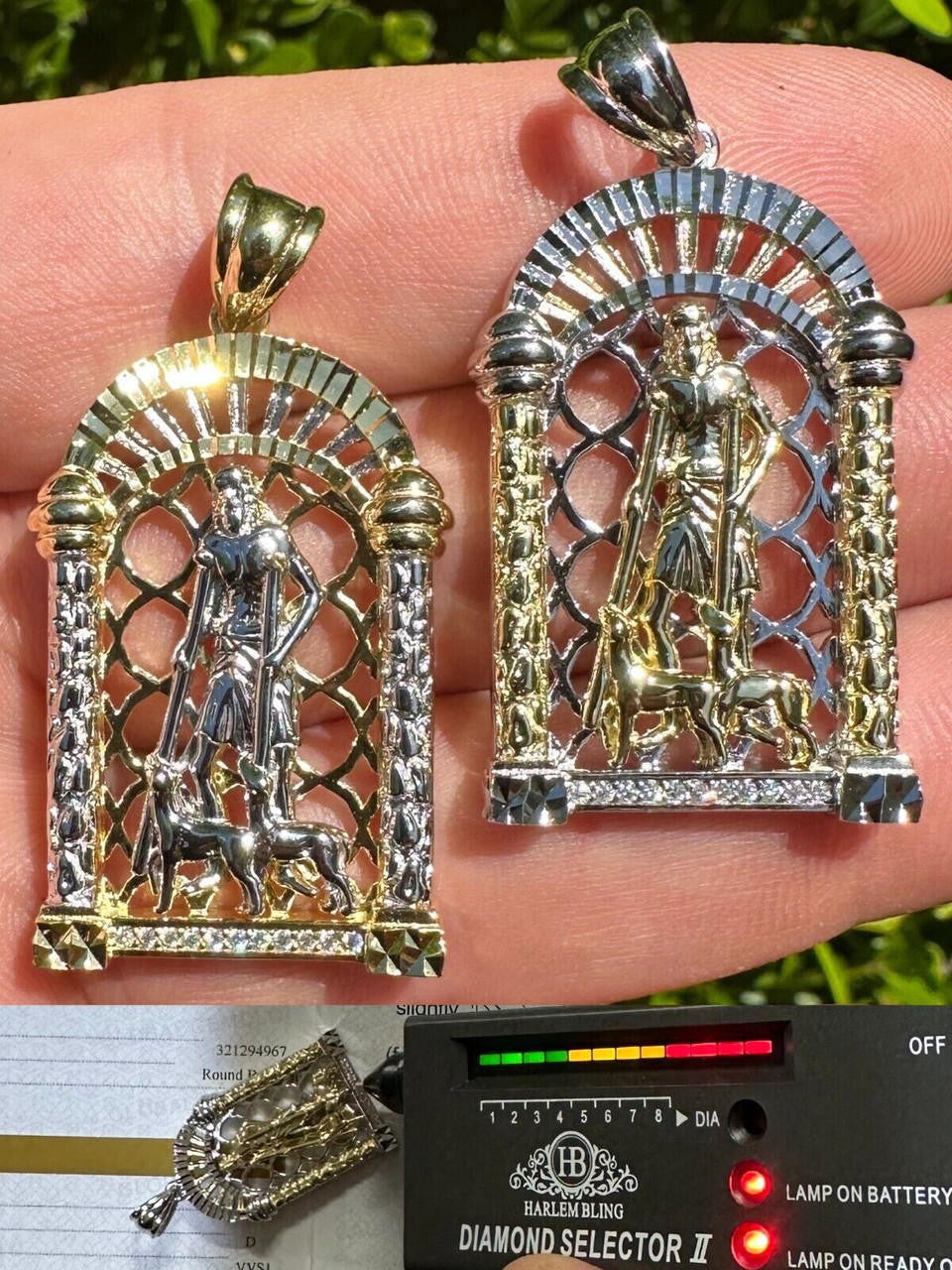 MOISSANITE St Lazarus Pendant - 14k Yellow Gold Vermeil Or 925 Silver - Small 1.75"