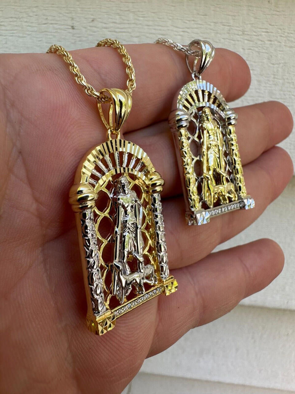 MOISSANITE St Lazarus Pendant - 14k Yellow Gold Vermeil Or 925 Silver - Small 1.75"