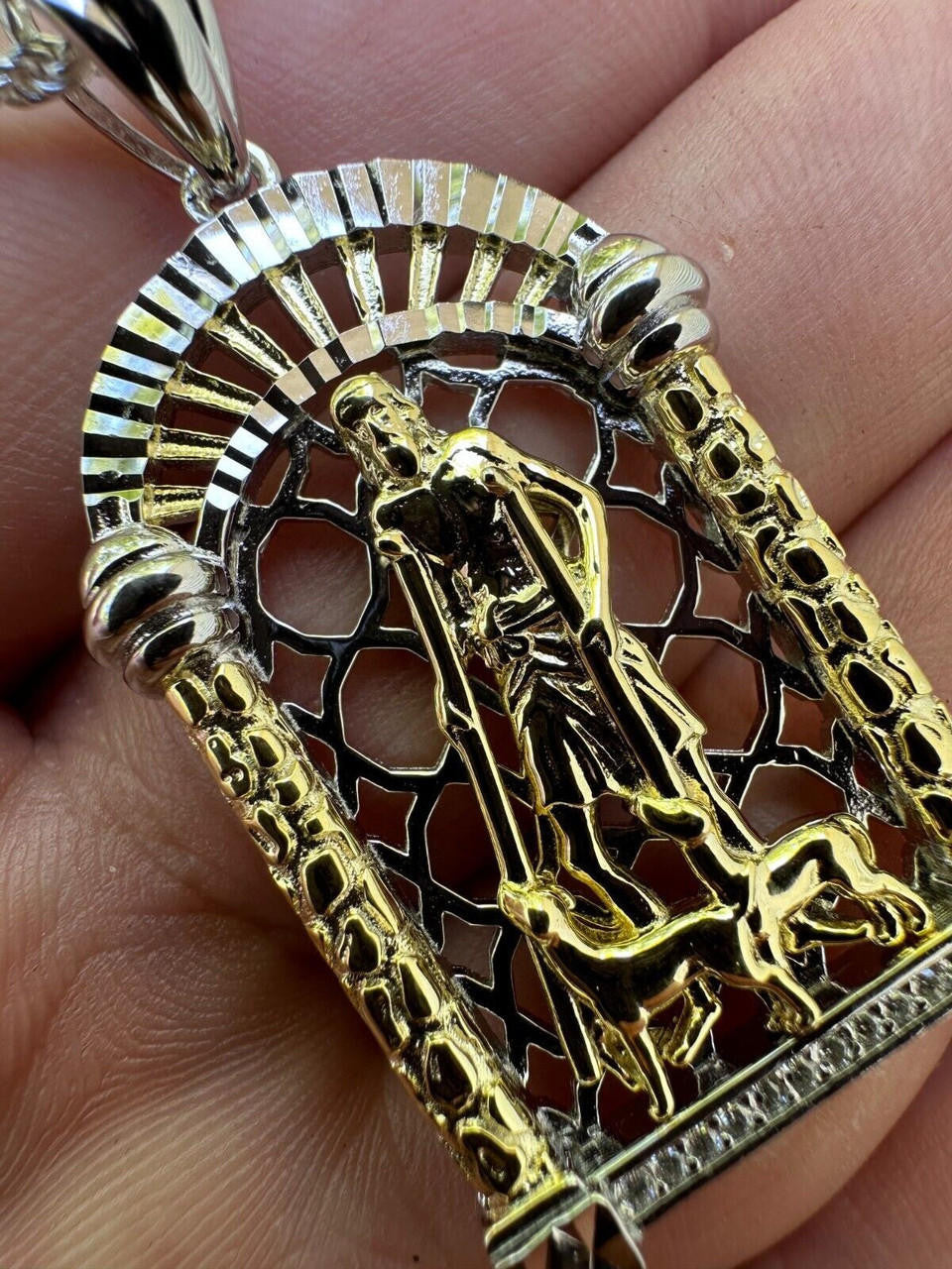 MOISSANITE St Lazarus Pendant - 14k Yellow Gold Vermeil Or 925 Silver - Small 1.75"