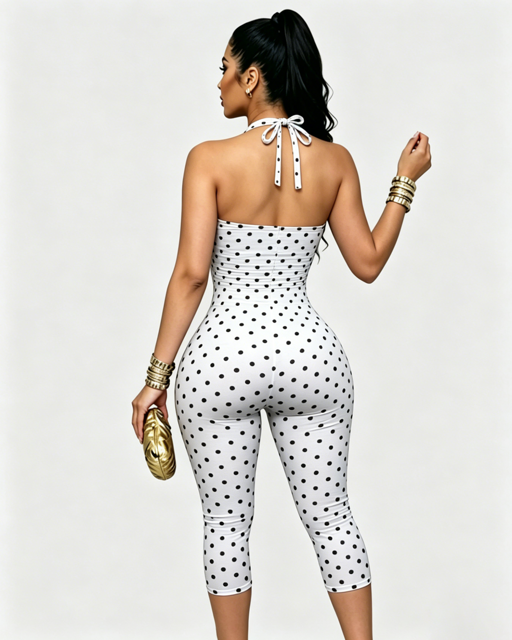 Mono Capri de Lunares con Escote Halter y Espalda Abierta