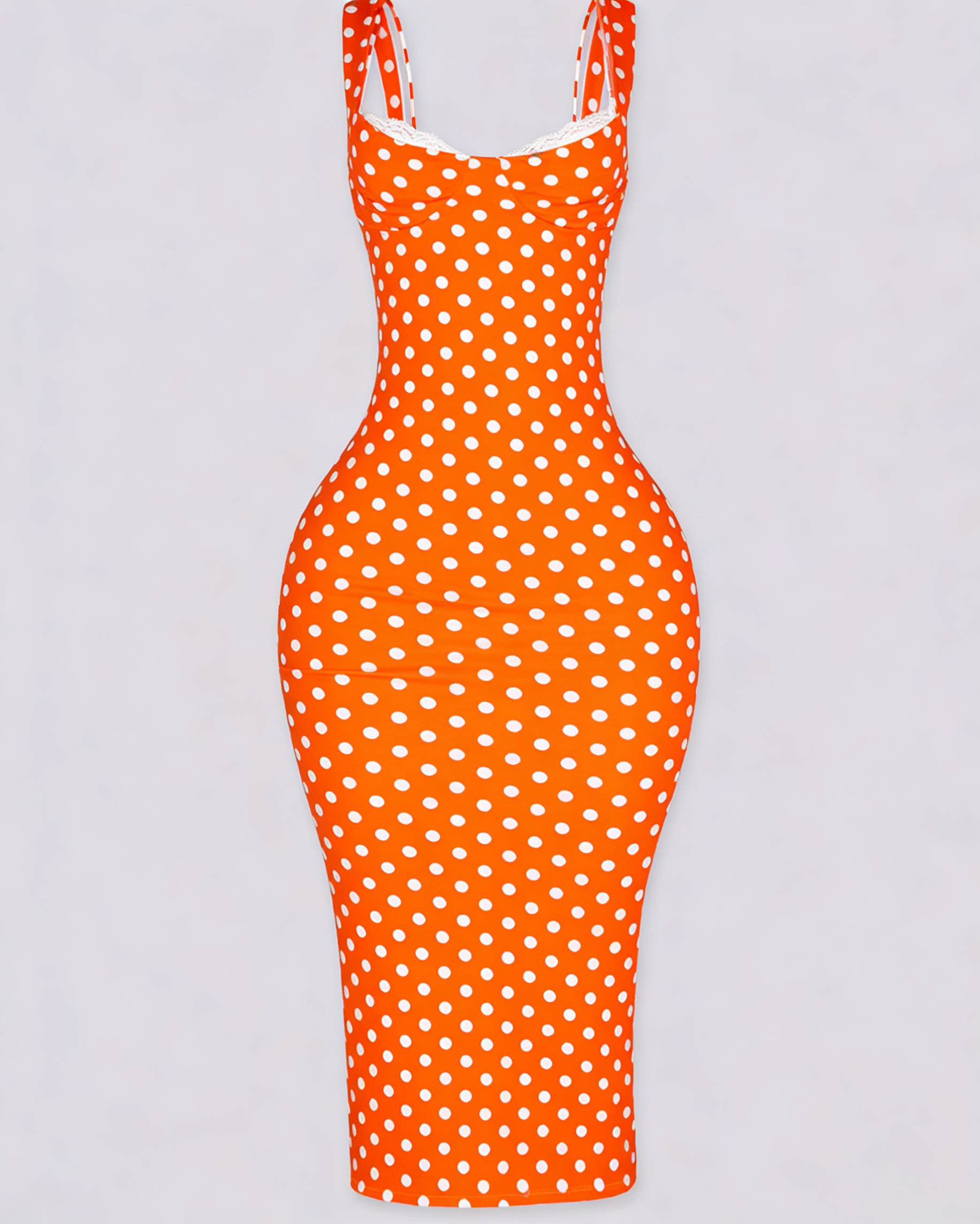 Vestido Midi de Lunares Ajustado con Escote de Pico