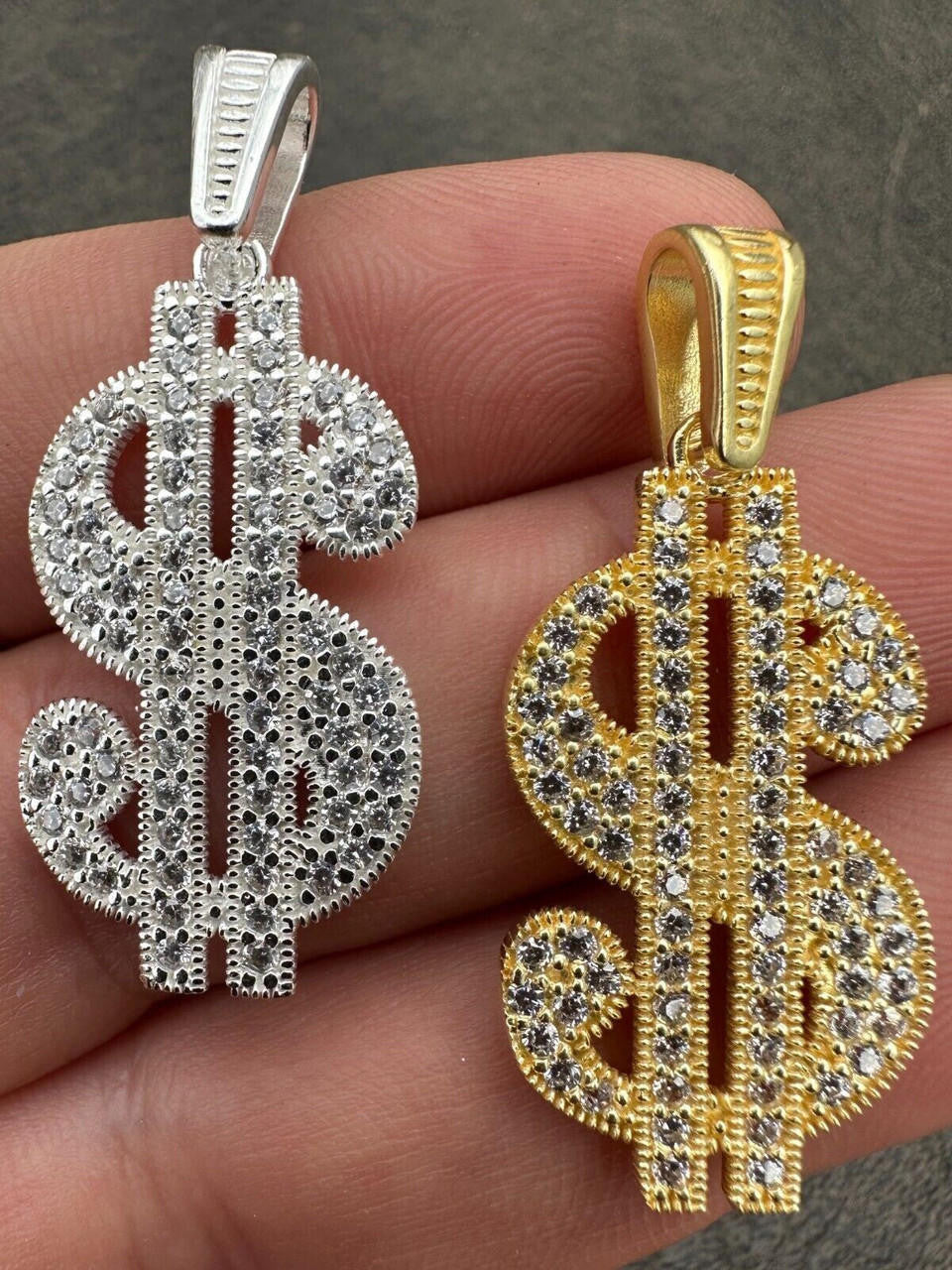 Dollar $ Sign Money Hip Hop Pendant - 14k Gold Vermeil Or 925 Silver - CZ Stones - Medium 1.75"