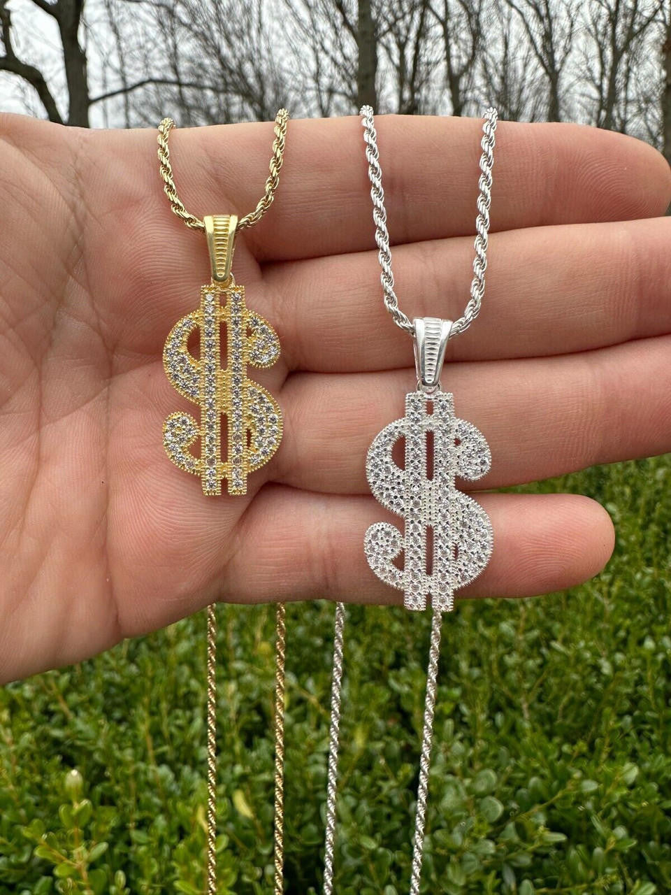 Dollar $ Sign Money Hip Hop Pendant - 14k Gold Vermeil Or 925 Silver - CZ Stones - Medium 1.75"