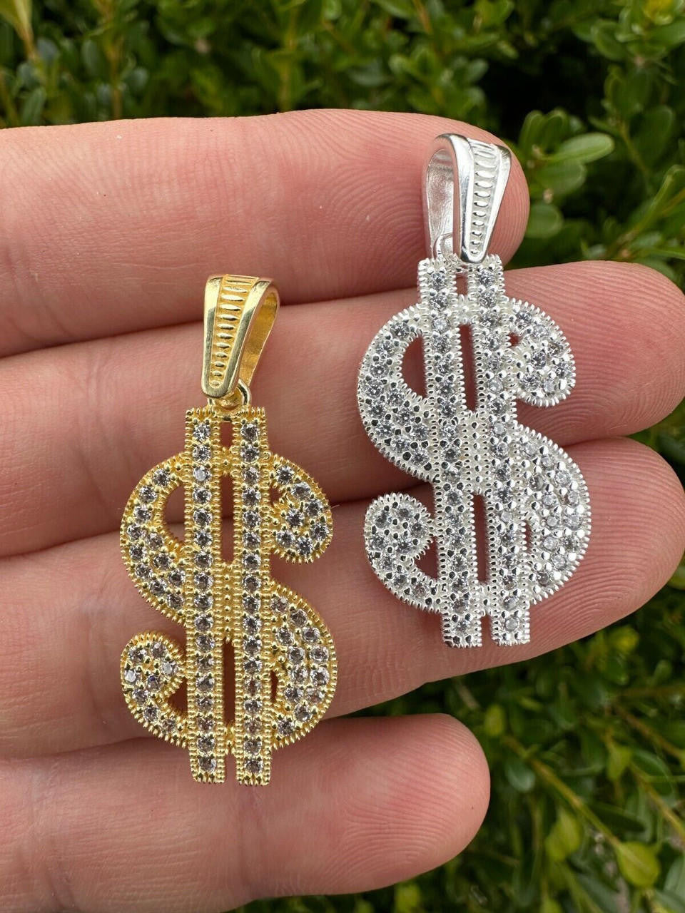 Dollar $ Sign Money Hip Hop Pendant - 14k Gold Vermeil Or 925 Silver - CZ Stones - Medium 1.75"