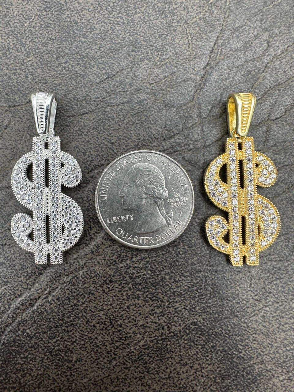 Dollar $ Sign Money Hip Hop Pendant - 14k Gold Vermeil Or 925 Silver - CZ Stones - Medium 1.75"