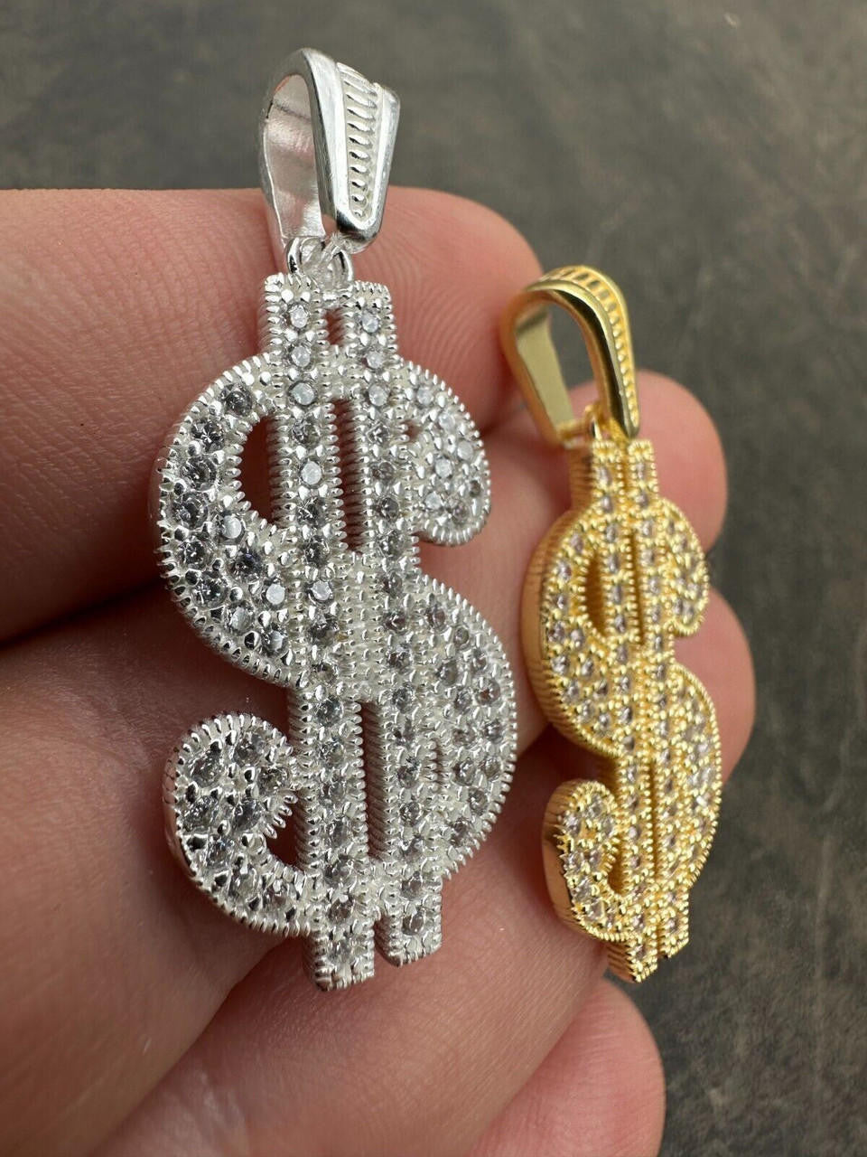 Dollar $ Sign Money Hip Hop Pendant - 14k Gold Vermeil Or 925 Silver - CZ Stones - Medium 1.75"