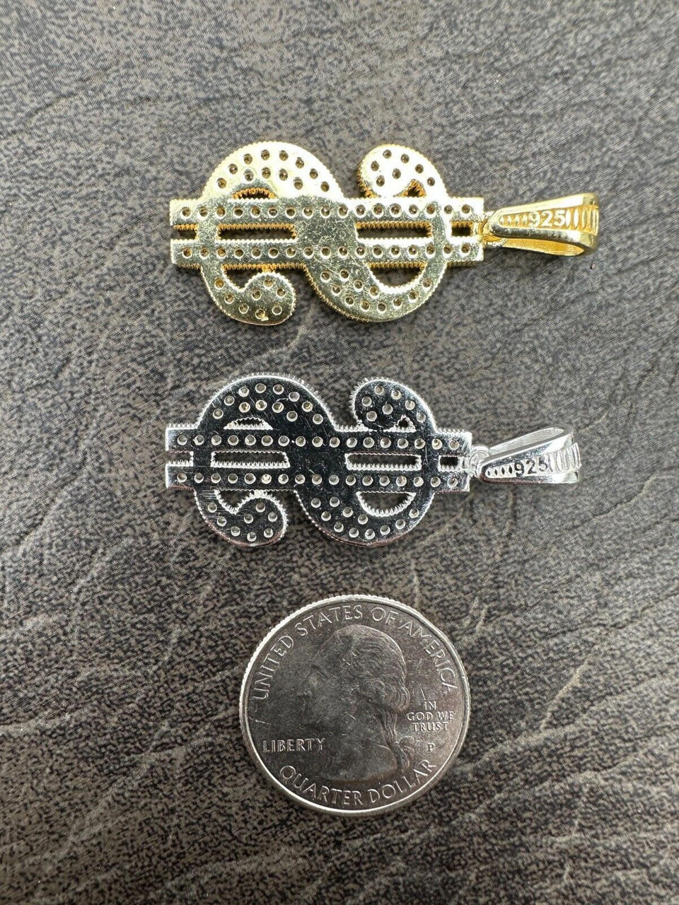 Dollar $ Sign Money Hip Hop Pendant - 14k Gold Vermeil Or 925 Silver - CZ Stones - Medium 1.75"