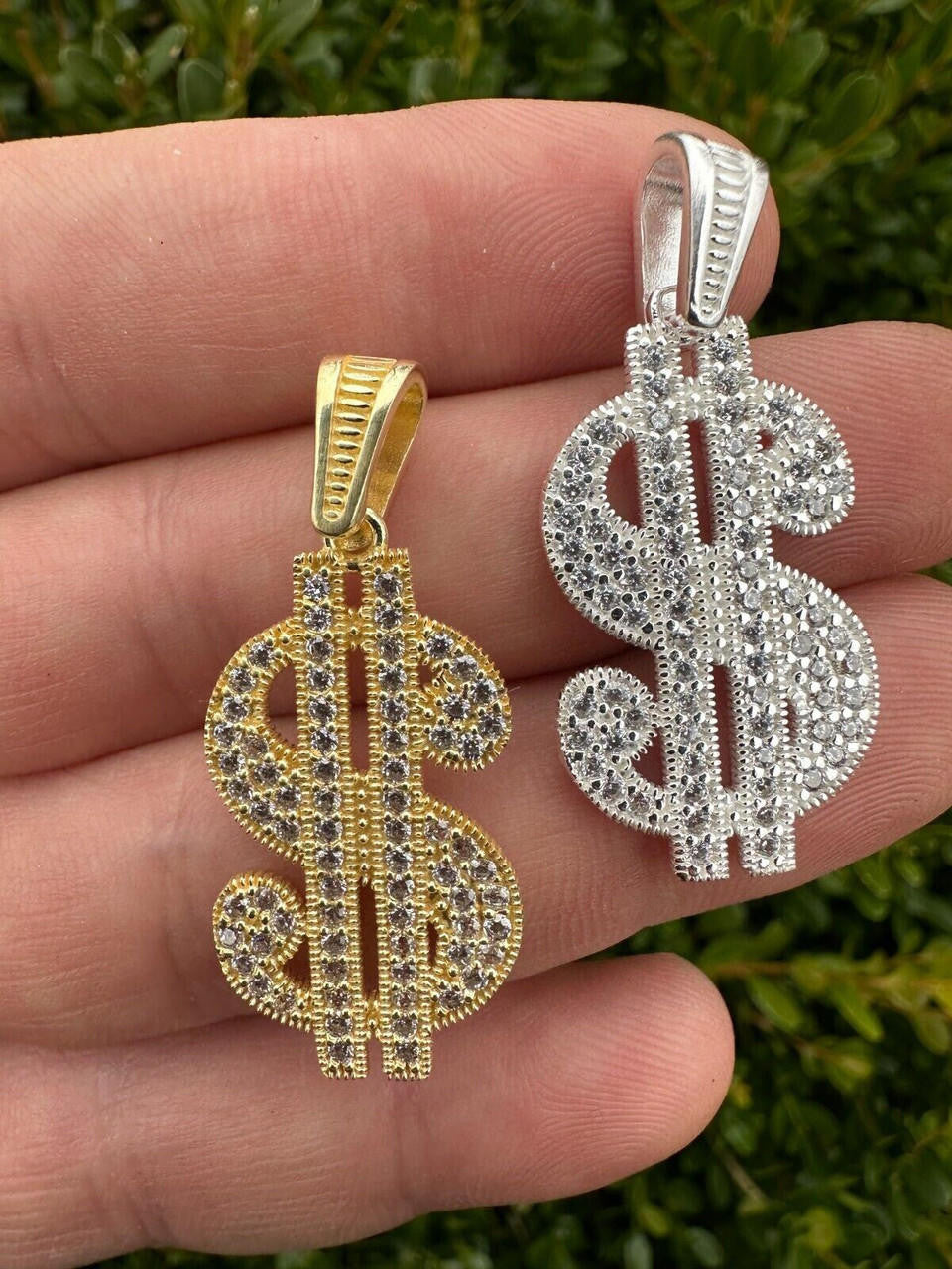 Dollar $ Sign Money Hip Hop Pendant - 14k Gold Vermeil Or 925 Silver - CZ Stones - Medium 1.75"