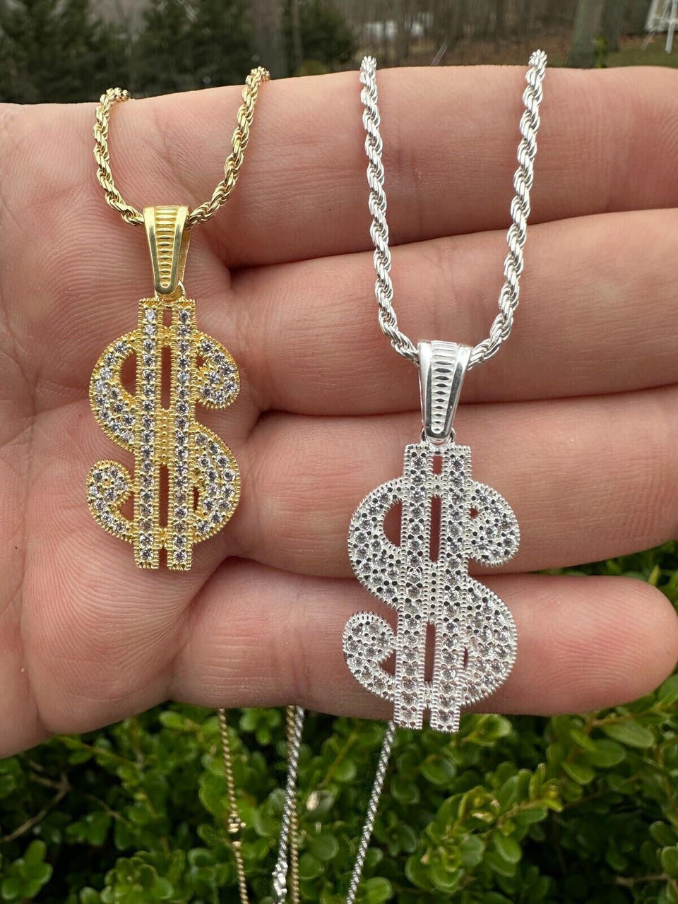 Dollar $ Sign Money Hip Hop Pendant - 14k Gold Vermeil Or 925 Silver - CZ Stones - Medium 1.75"