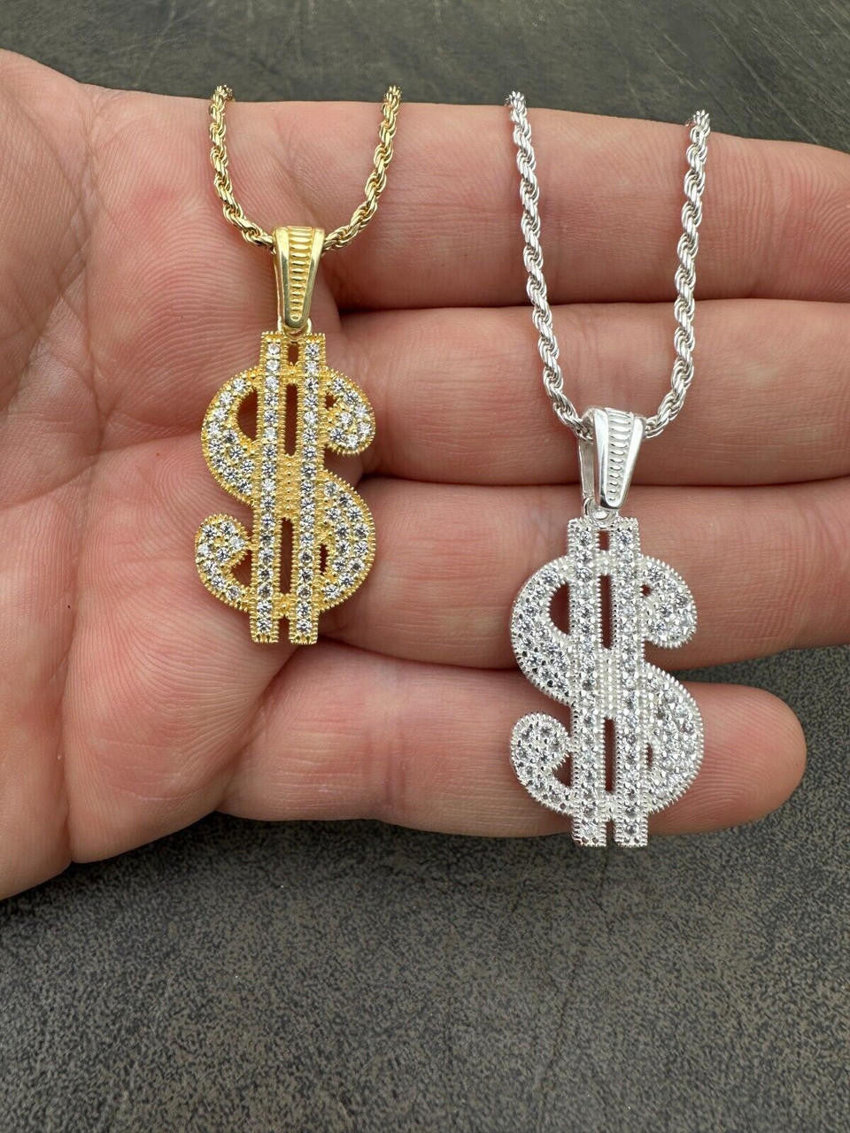 Dollar $ Sign Money Hip Hop Pendant - 14k Gold Vermeil Or 925 Silver - CZ Stones - Medium 1.75"