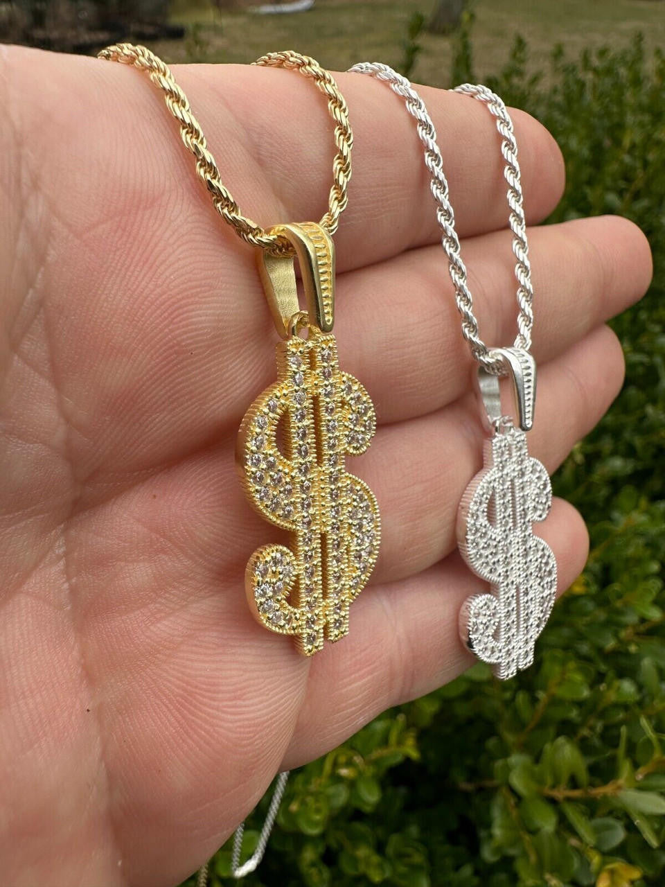Dollar $ Sign Money Hip Hop Pendant - 14k Gold Vermeil Or 925 Silver - CZ Stones - Medium 1.75"