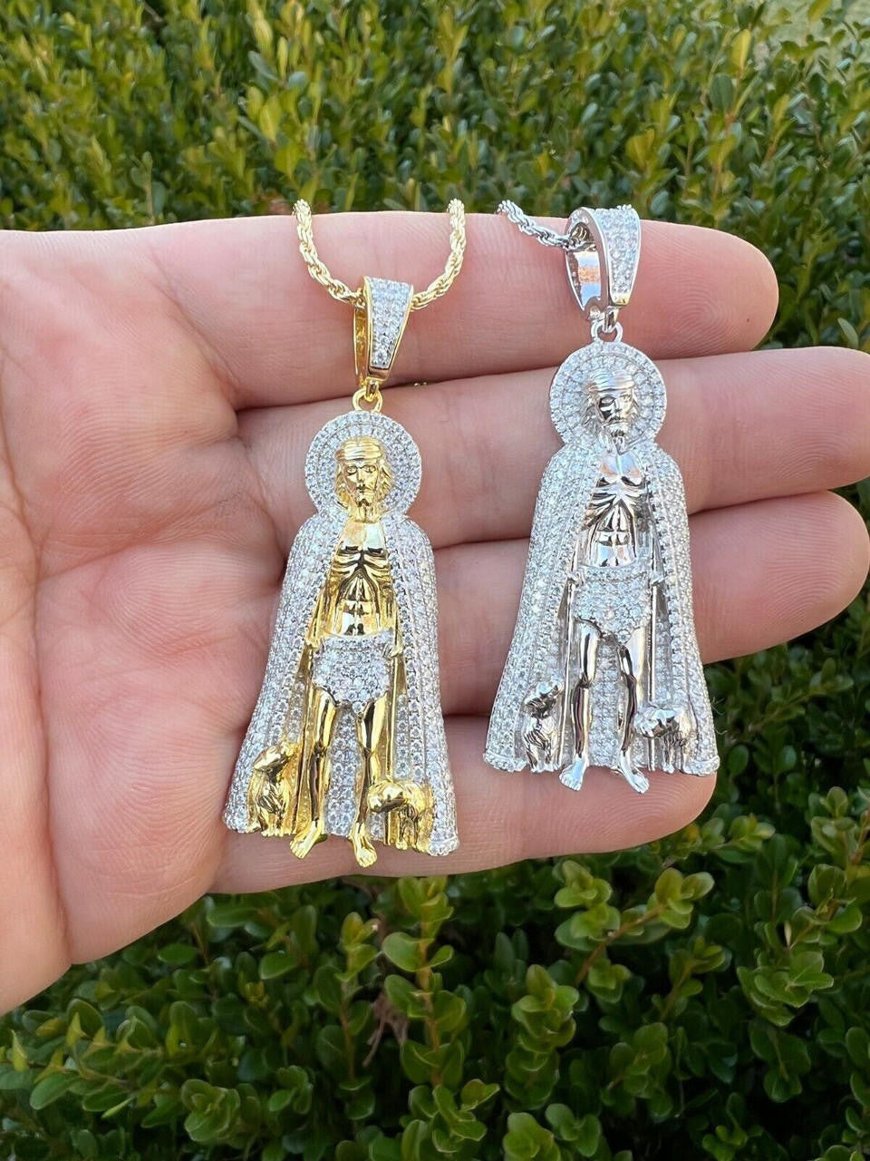 Iced Saint St Lazarus Pendant  - 14k Yellow Gold or 925 Silver - CZ Stones - Large 2.5"