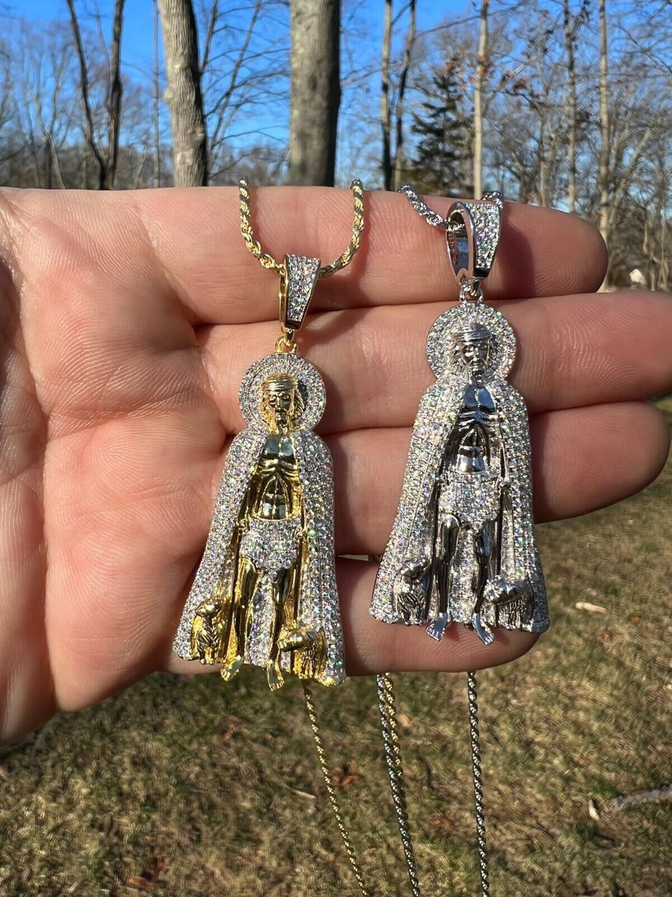 Iced Saint St Lazarus Pendant  - 14k Yellow Gold or 925 Silver - CZ Stones - Large 2.5"